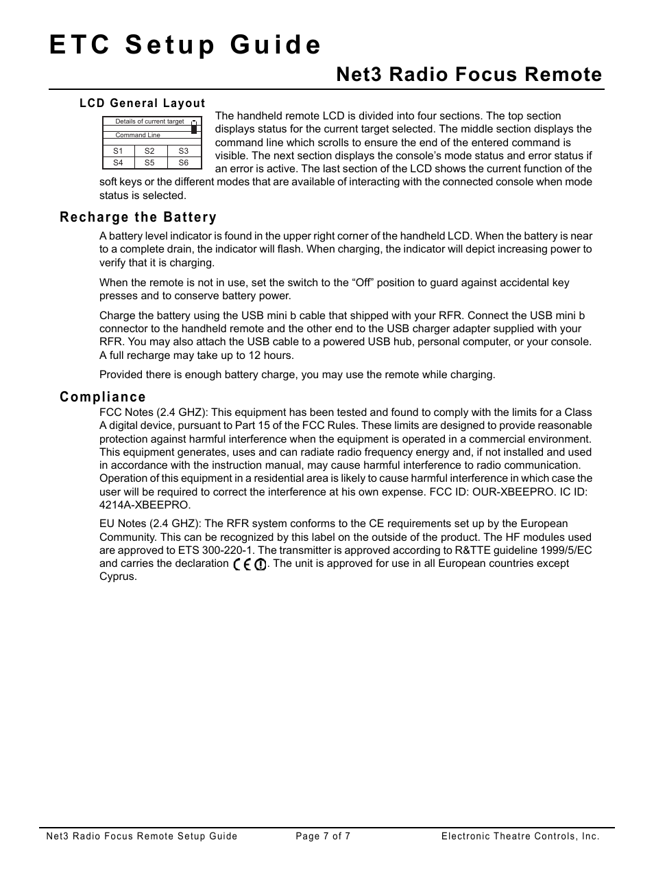 Lcd general layout, Recharge the battery, Compliance | Net3 radio focus remote | ETC Net3 Radio Focus Remote (RFR) Setup Guide User Manual | Page 7 / 7