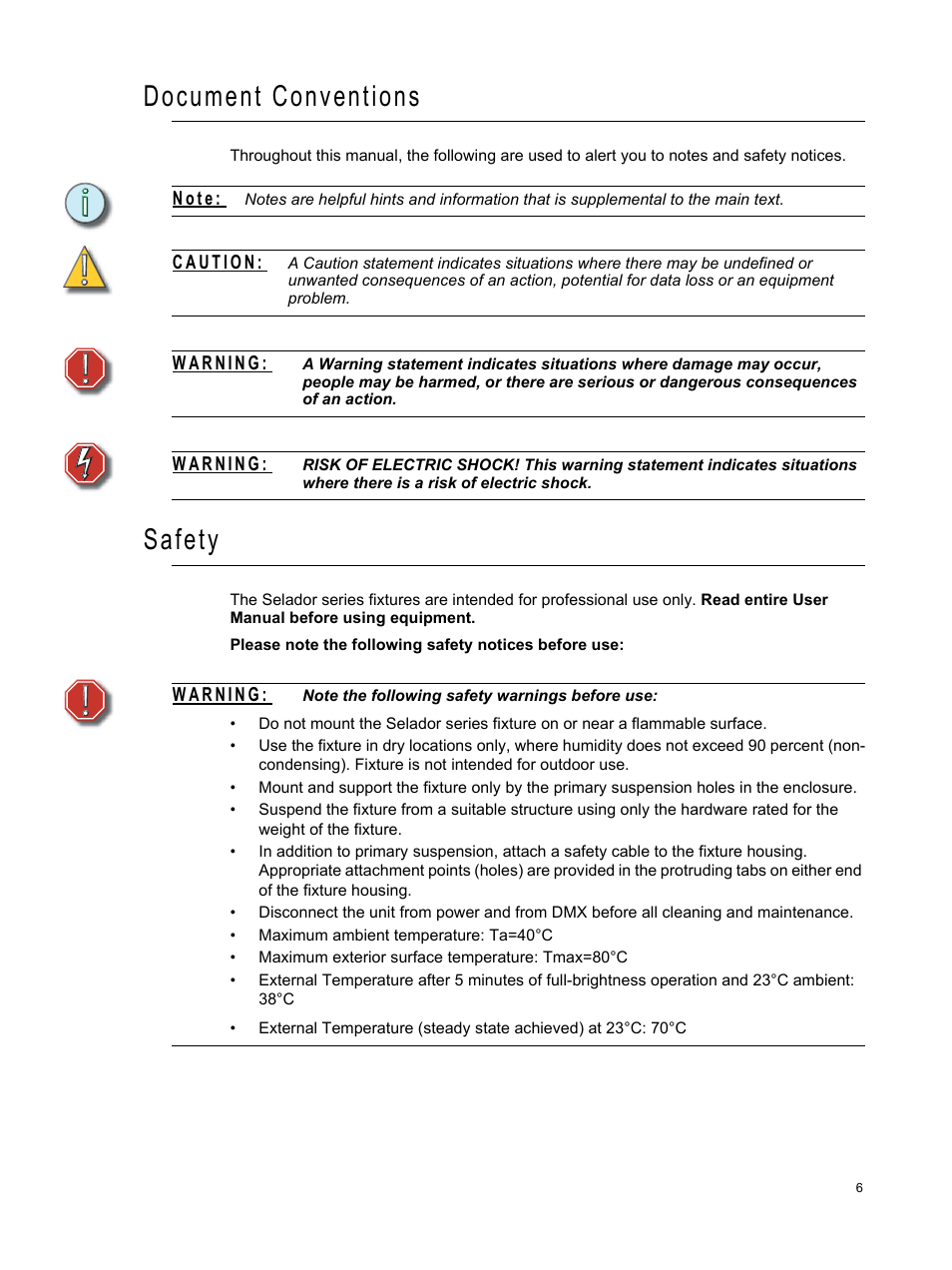 Document conventions, Safety | ETC Selador Series CE User Manual | Page 11 / 24