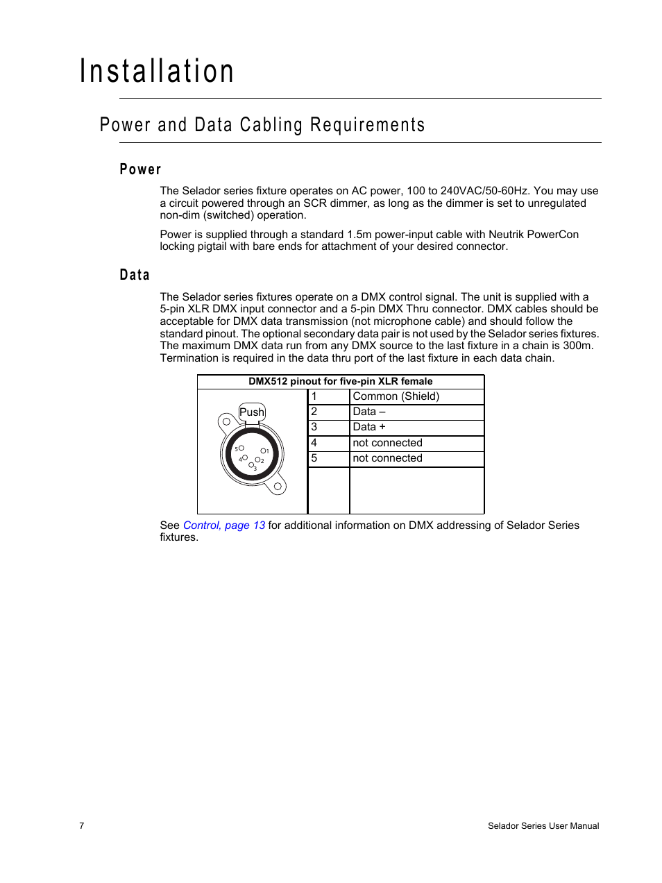 Installation, Power and data cabling requirements, Power | Data, Power data | ETC Selador Series CE User Manual | Page 12 / 24