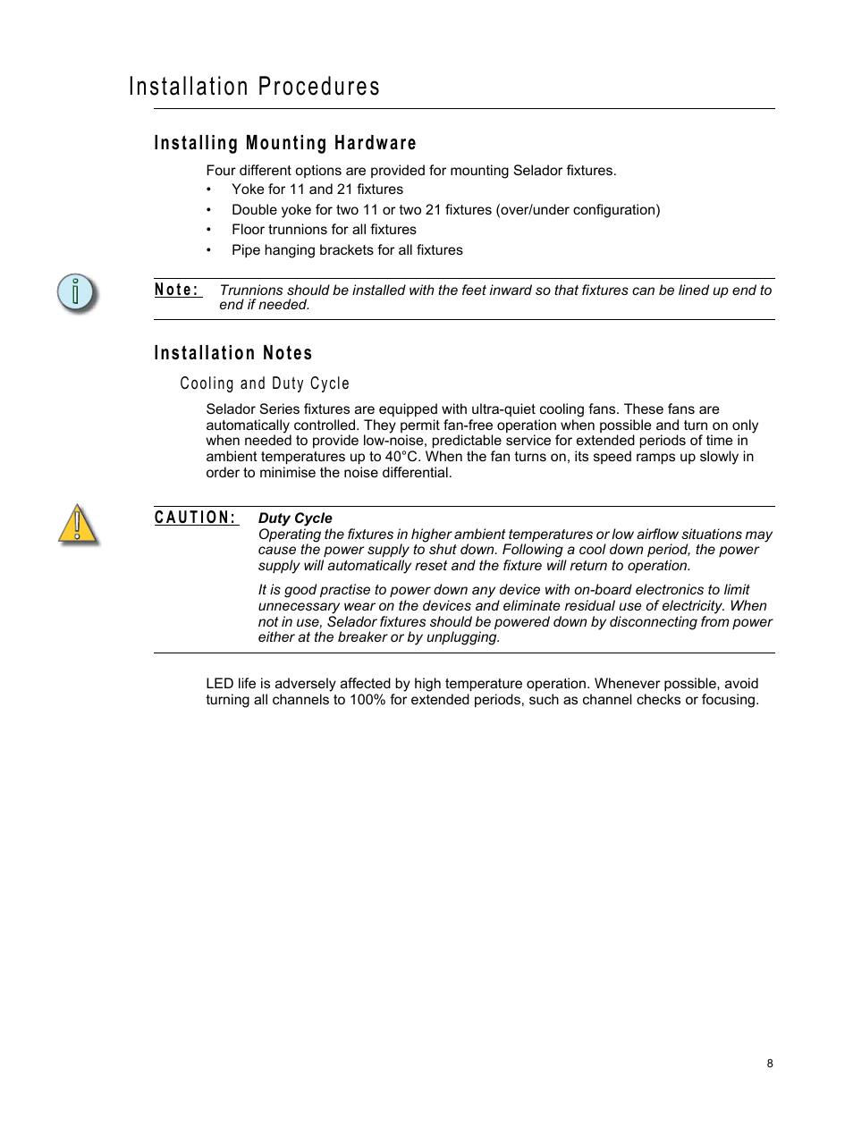 Installation procedures, Installing mounting hardware, Installation notes | Installing mounting hardware installation notes | ETC Selador Series CE User Manual | Page 13 / 24