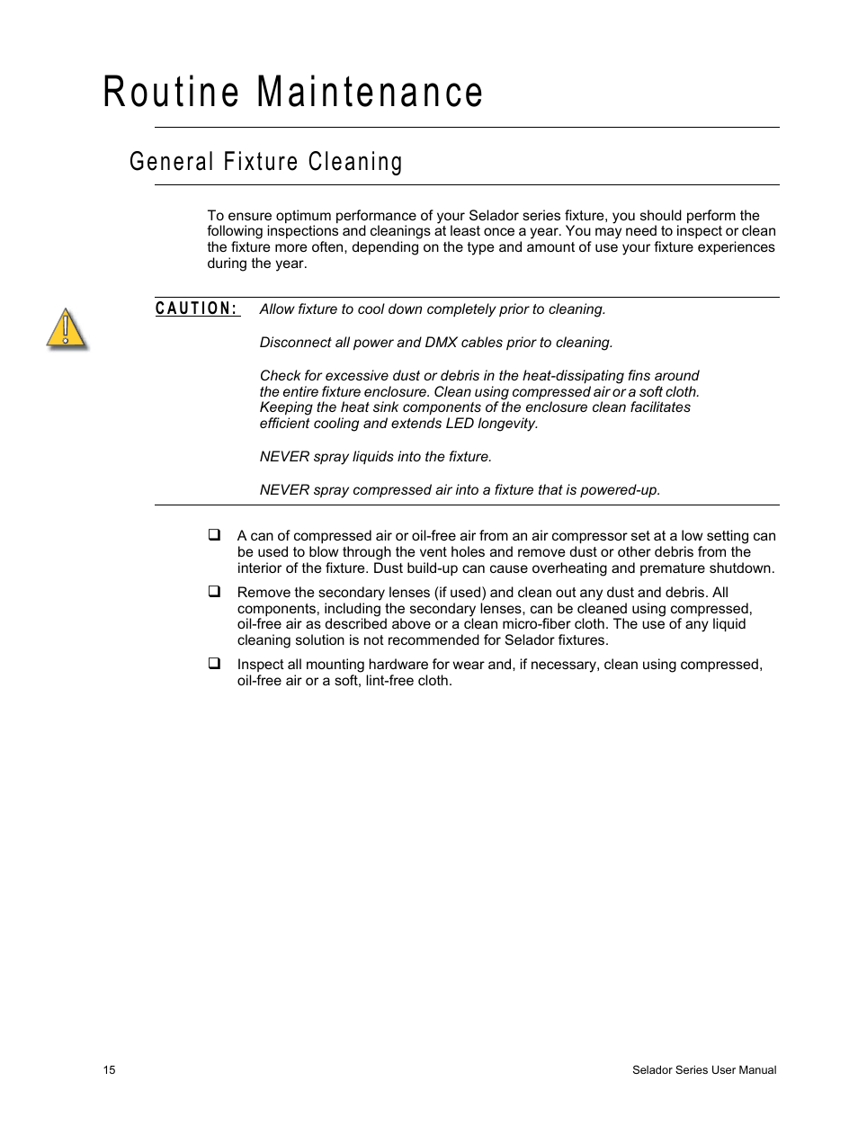 Routine maintenance, General fixture cleaning | ETC Selador Series CE User Manual | Page 20 / 24