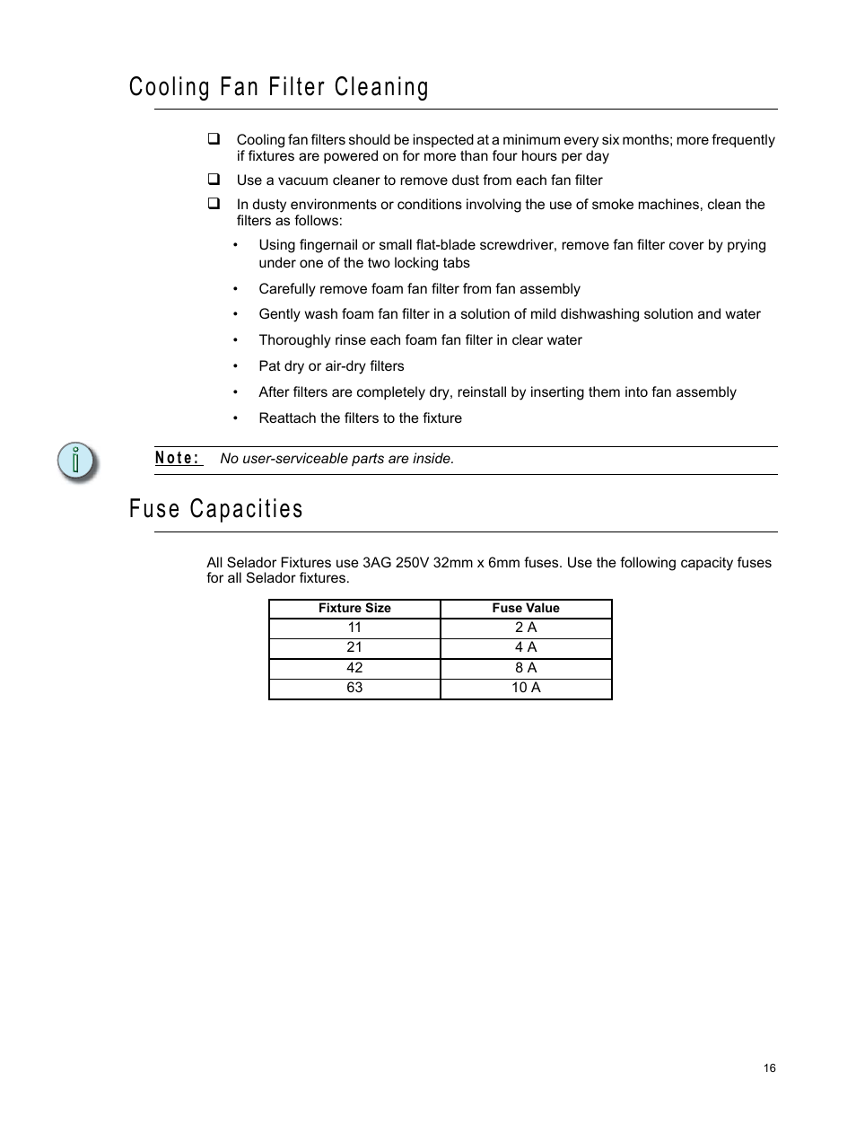 Cooling fan filter cleaning, Fuse capacities, Cooling fan filter cleaning fuse capacities | ETC Selador Series CE User Manual | Page 21 / 24