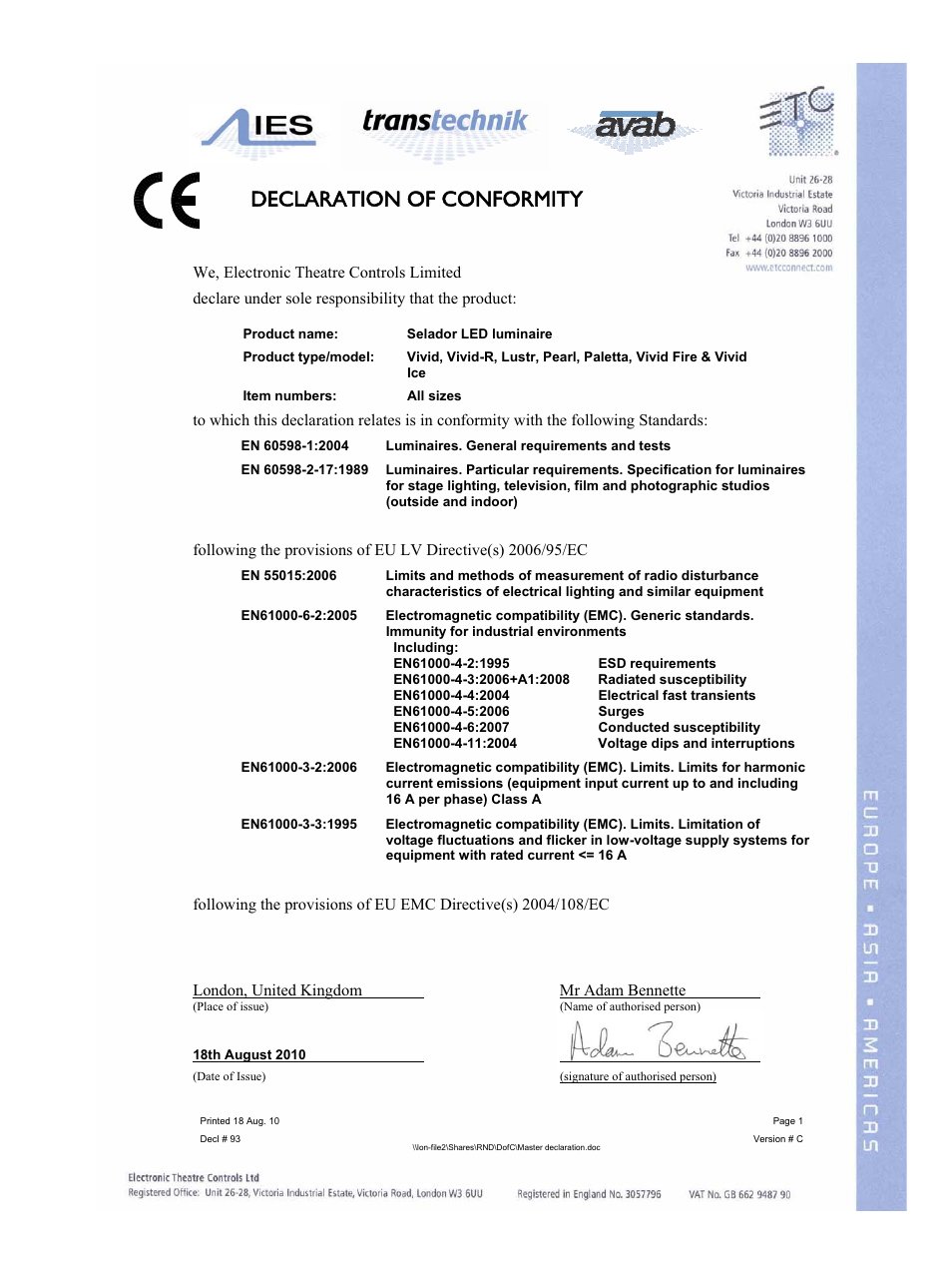 Declaration of conformity | ETC Selador Series CE User Manual | Page 3 / 24