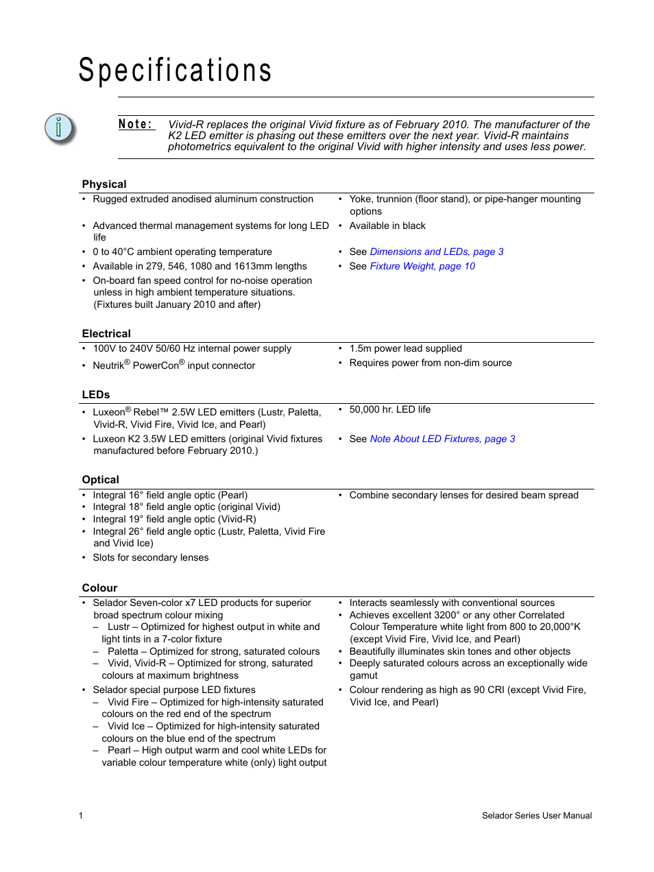 Specifications, N o t e | ETC Selador Series CE User Manual | Page 6 / 24