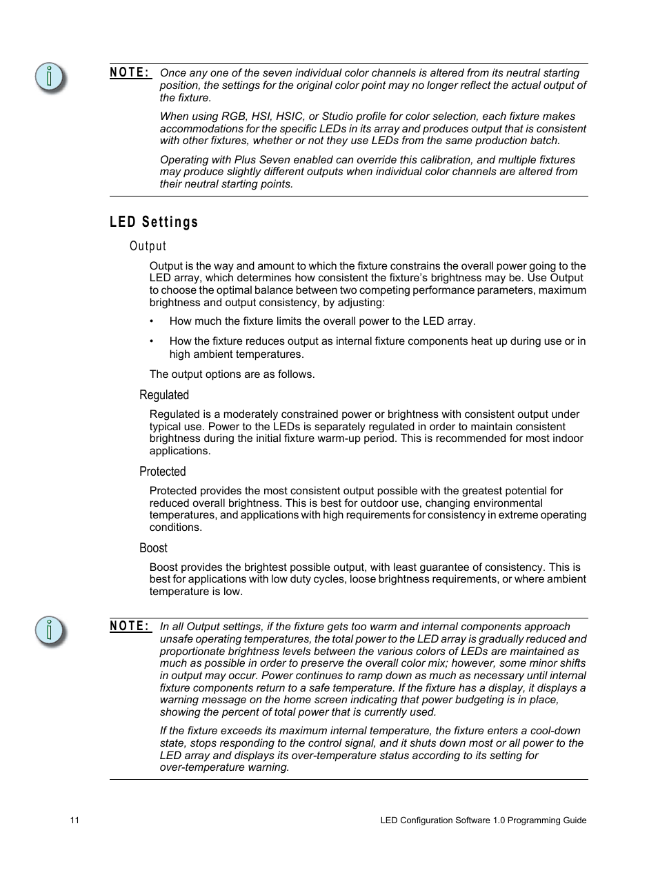 Led settings, N o t e, Output | Regulated, Protected, Boost | ETC LED Configuration Software Programming Guide User Manual | Page 14 / 24