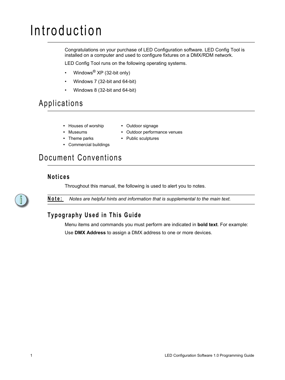 Introduction, Applications, Document conventions | Notices, Typography used in this guide, Notices typography used in this guide, Applications document conventions | ETC LED Configuration Software Programming Guide User Manual | Page 4 / 24