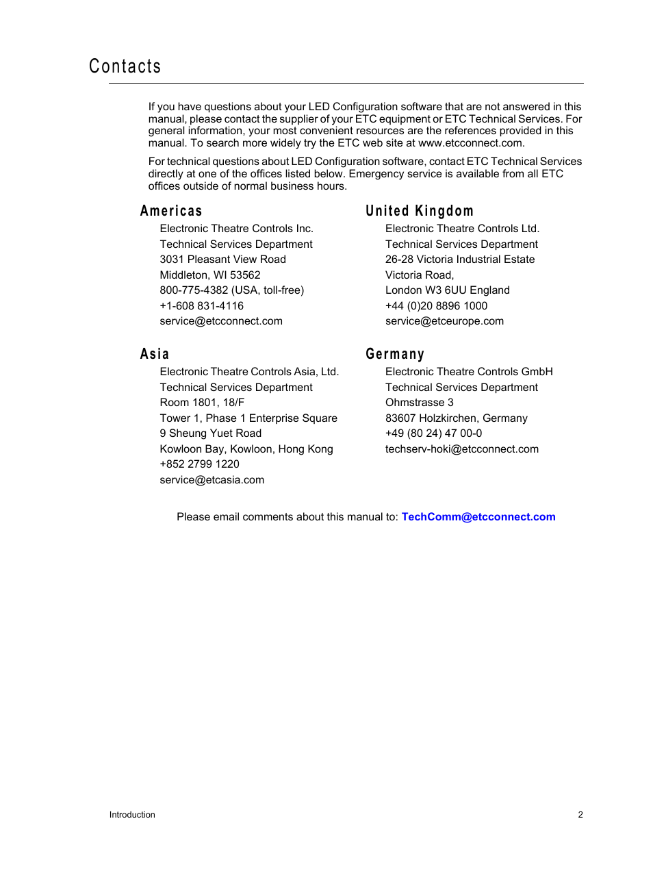 Contacts, Americas united kingdom, Asia germany | ETC LED Configuration Software Programming Guide User Manual | Page 5 / 24