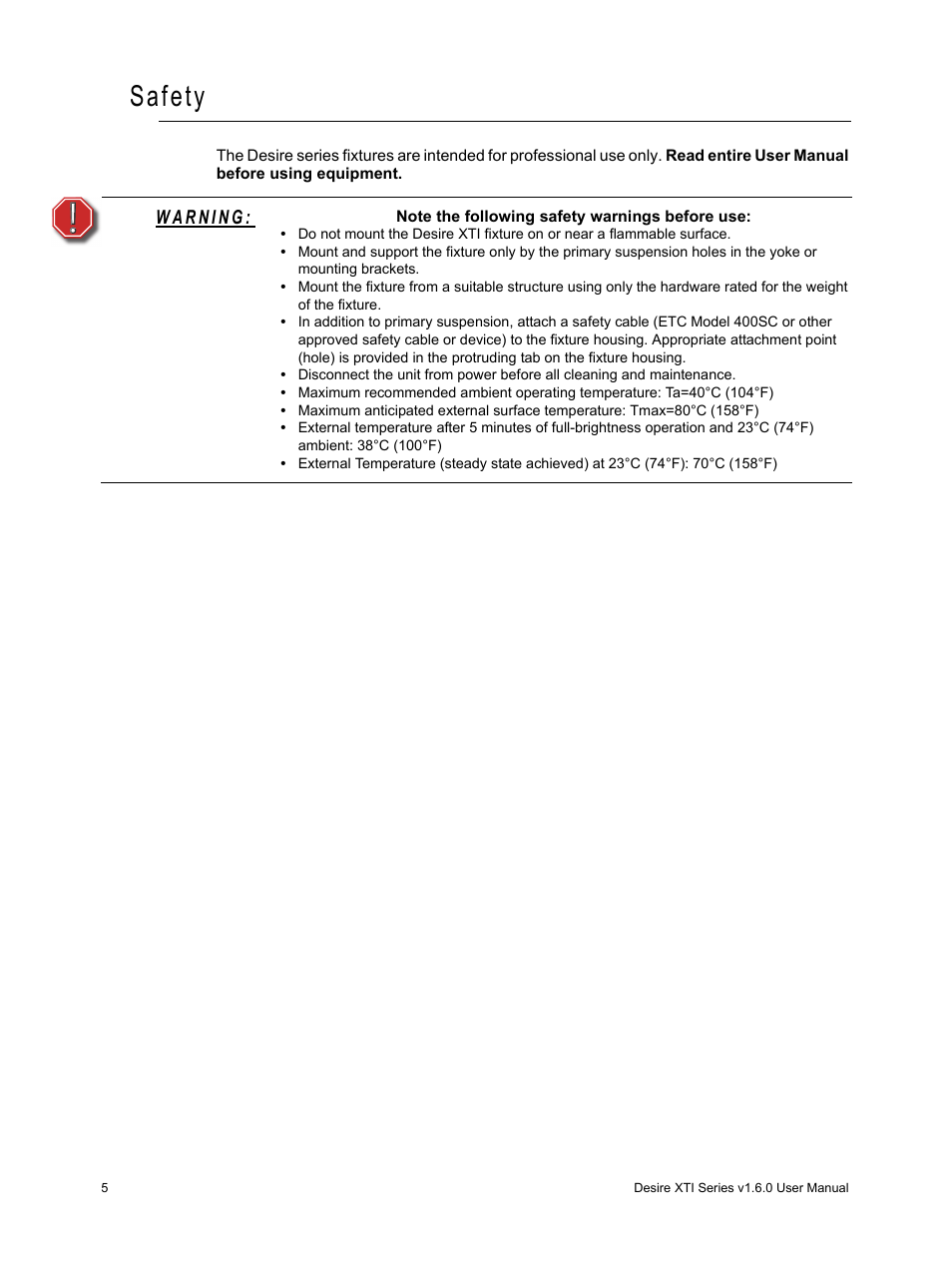Safety | ETC Desire Series XTI v1.6.0 User Manual | Page 10 / 48