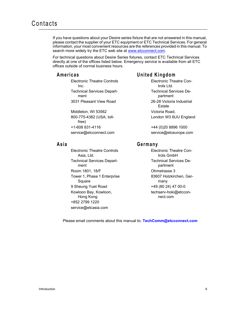 Contacts, Americas united kingdom, Asia germany | ETC Desire Series XTI v1.6.0 User Manual | Page 11 / 48