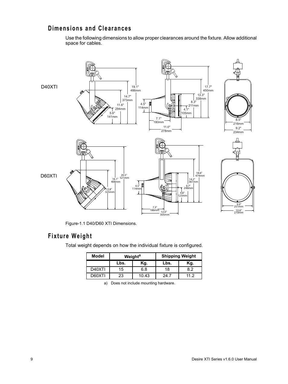 Dimensions and clearances, Fixture weight, Dimensions and clearances fixture weight | D40xti d60xti | ETC Desire Series XTI v1.6.0 User Manual | Page 14 / 48