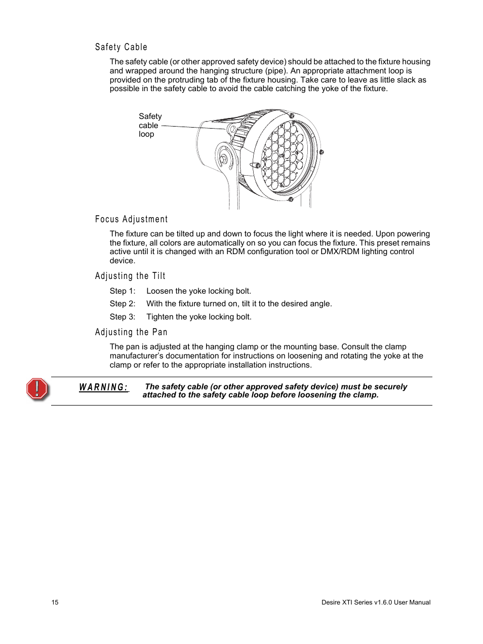 Safety cable, Focus adjustment, Adjusting the tilt | Adjusting the pan | ETC Desire Series XTI v1.6.0 User Manual | Page 20 / 48
