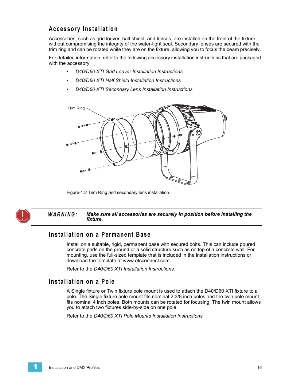 Accessory installation, Installation on a permanent base, Installation on a pole | ETC Desire Series XTI v1.6.0 User Manual | Page 21 / 48