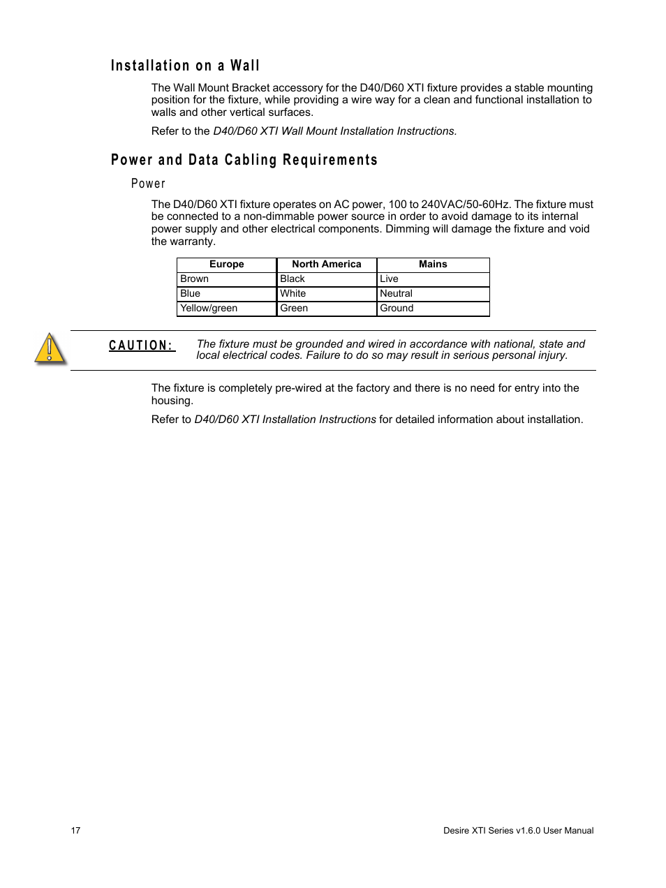 Installation on a wall, Power and data cabling requirements, Power | ETC Desire Series XTI v1.6.0 User Manual | Page 22 / 48