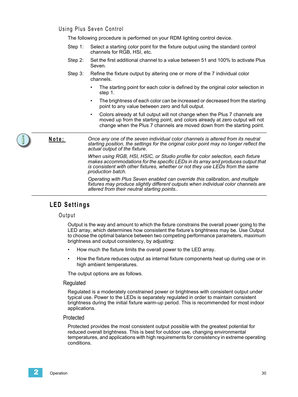 Led settings, Using plus seven control, Output | Regulated, Protected, N o t e | ETC Desire Series XTI v1.6.0 User Manual | Page 35 / 48