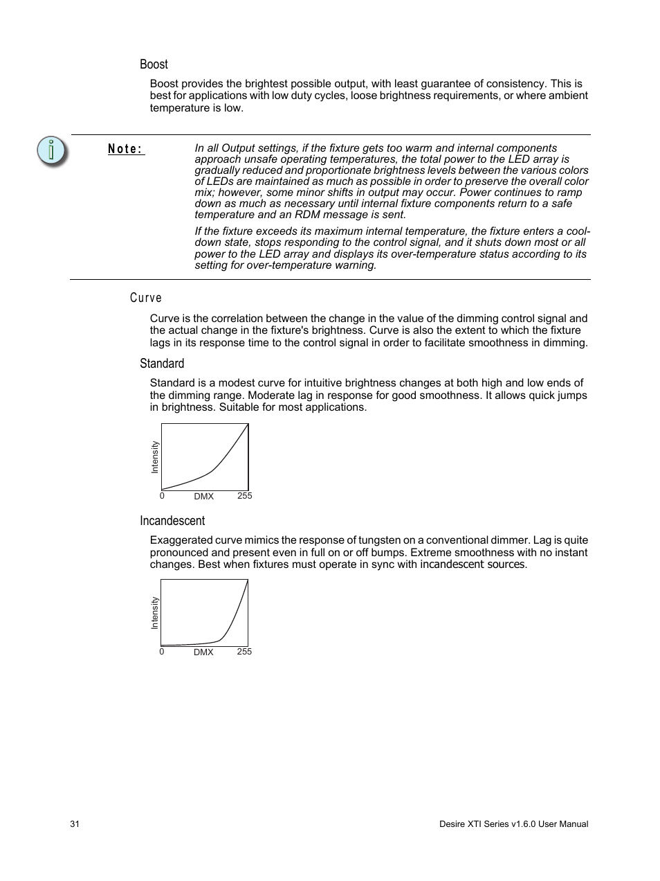 Boost, Curve, Standard | Incandescent, N o t e | ETC Desire Series XTI v1.6.0 User Manual | Page 36 / 48
