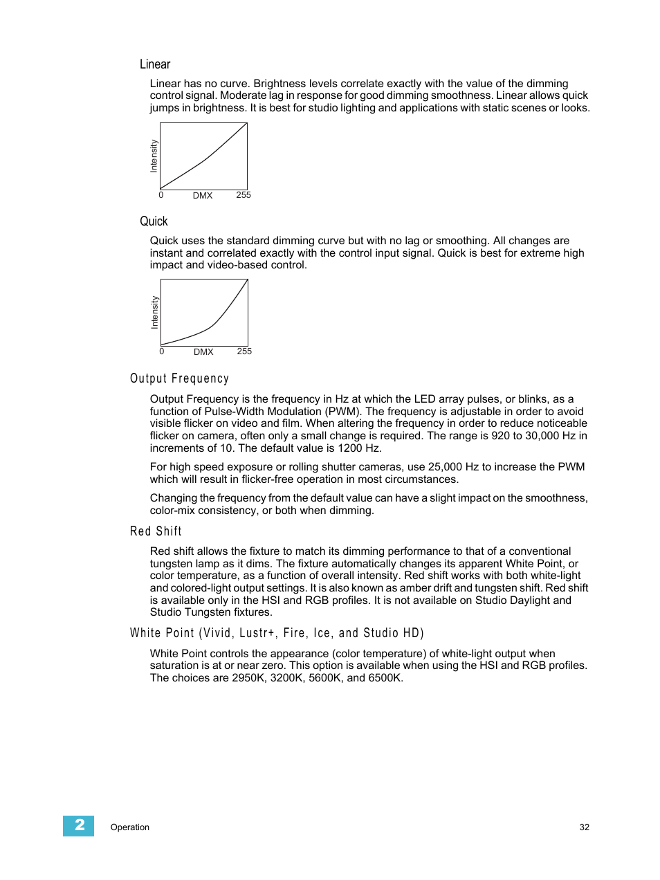 Linear, Quick, Output frequency | Red shift | ETC Desire Series XTI v1.6.0 User Manual | Page 37 / 48