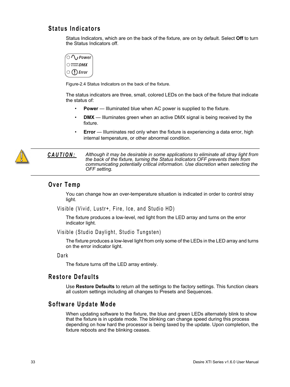 Status indicators, Over temp, Restore defaults | Software update mode | ETC Desire Series XTI v1.6.0 User Manual | Page 38 / 48