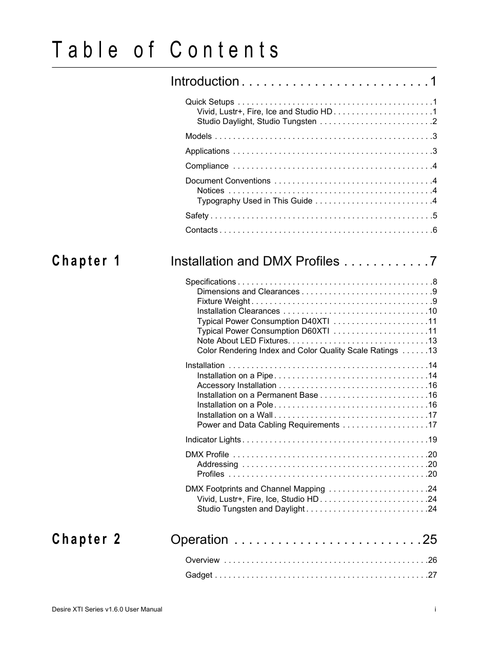Introduction, Installation and dmx profiles, Operation | ETC Desire Series XTI v1.6.0 User Manual | Page 4 / 48