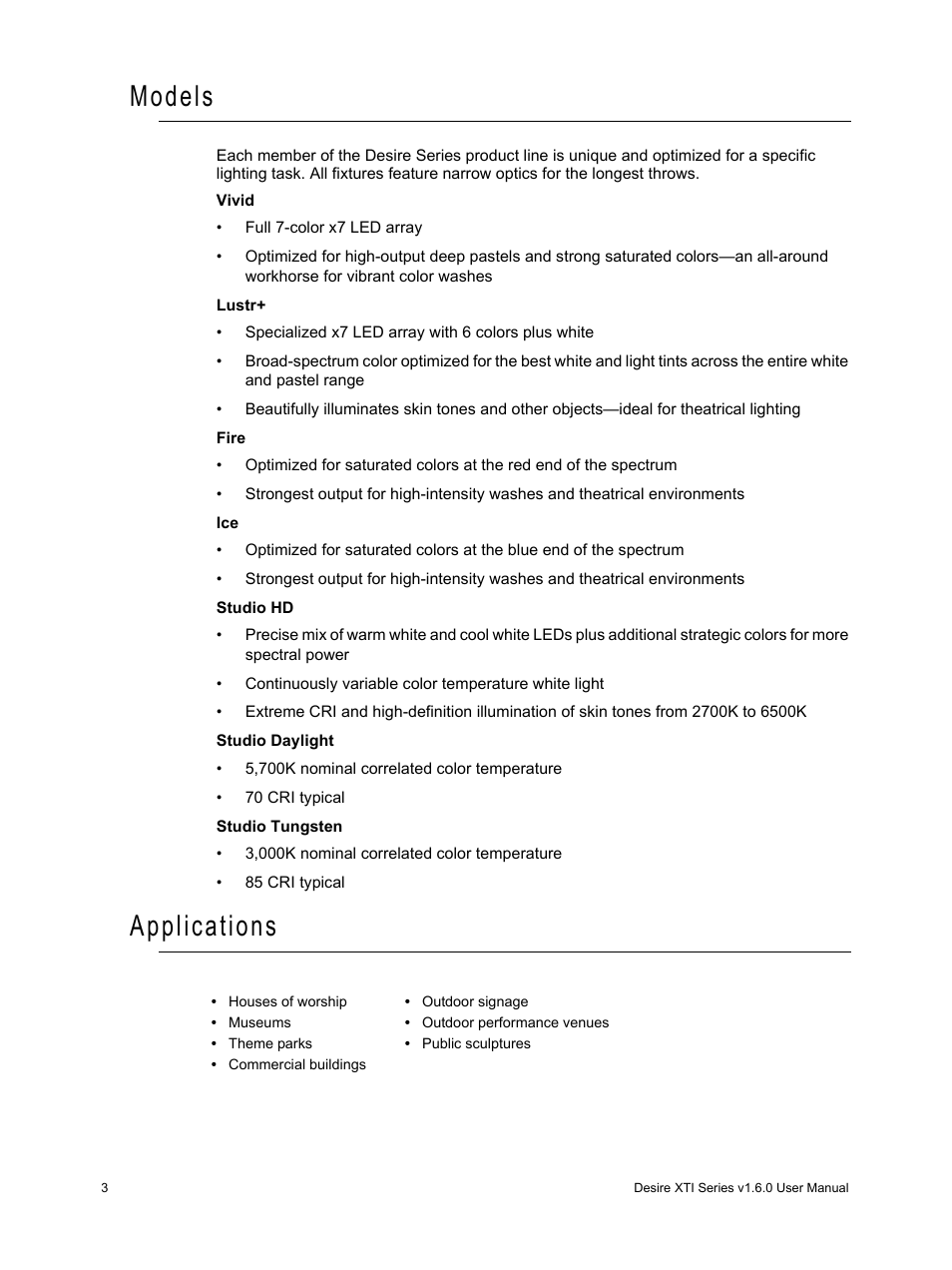 Models, Applications | ETC Desire Series XTI v1.6.0 User Manual | Page 8 / 48