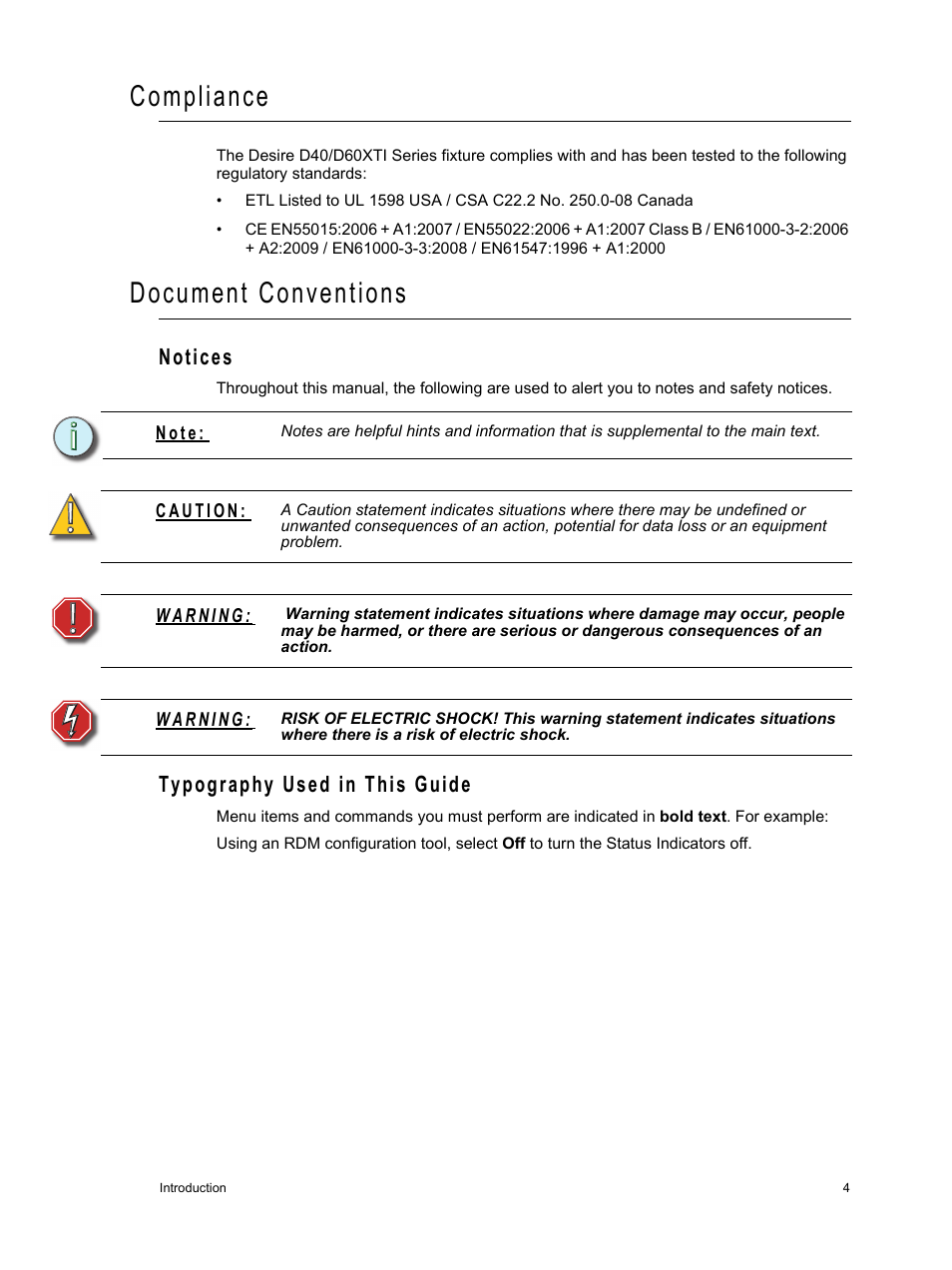 Compliance, Document conventions, Notices | Typography used in this guide, Notices typography used in this guide | ETC Desire Series XTI v1.6.0 User Manual | Page 9 / 48