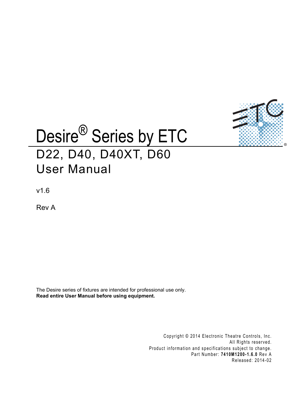 ETC Desire Series v1.6.0 User Manual User Manual | 100 pages