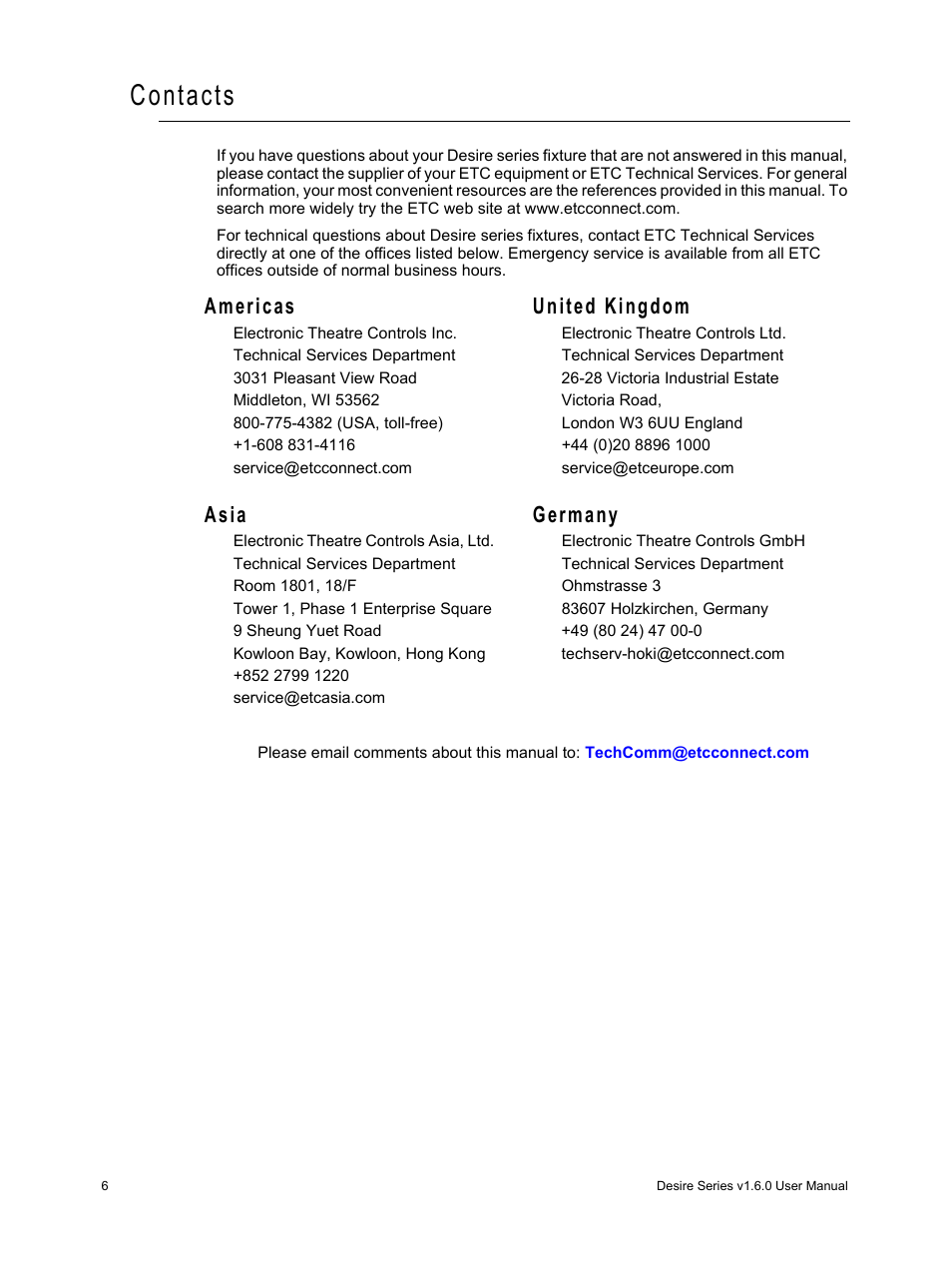 Contacts, Americas united kingdom, Asia germany | ETC Desire Series v1.6.0 User Manual User Manual | Page 12 / 100