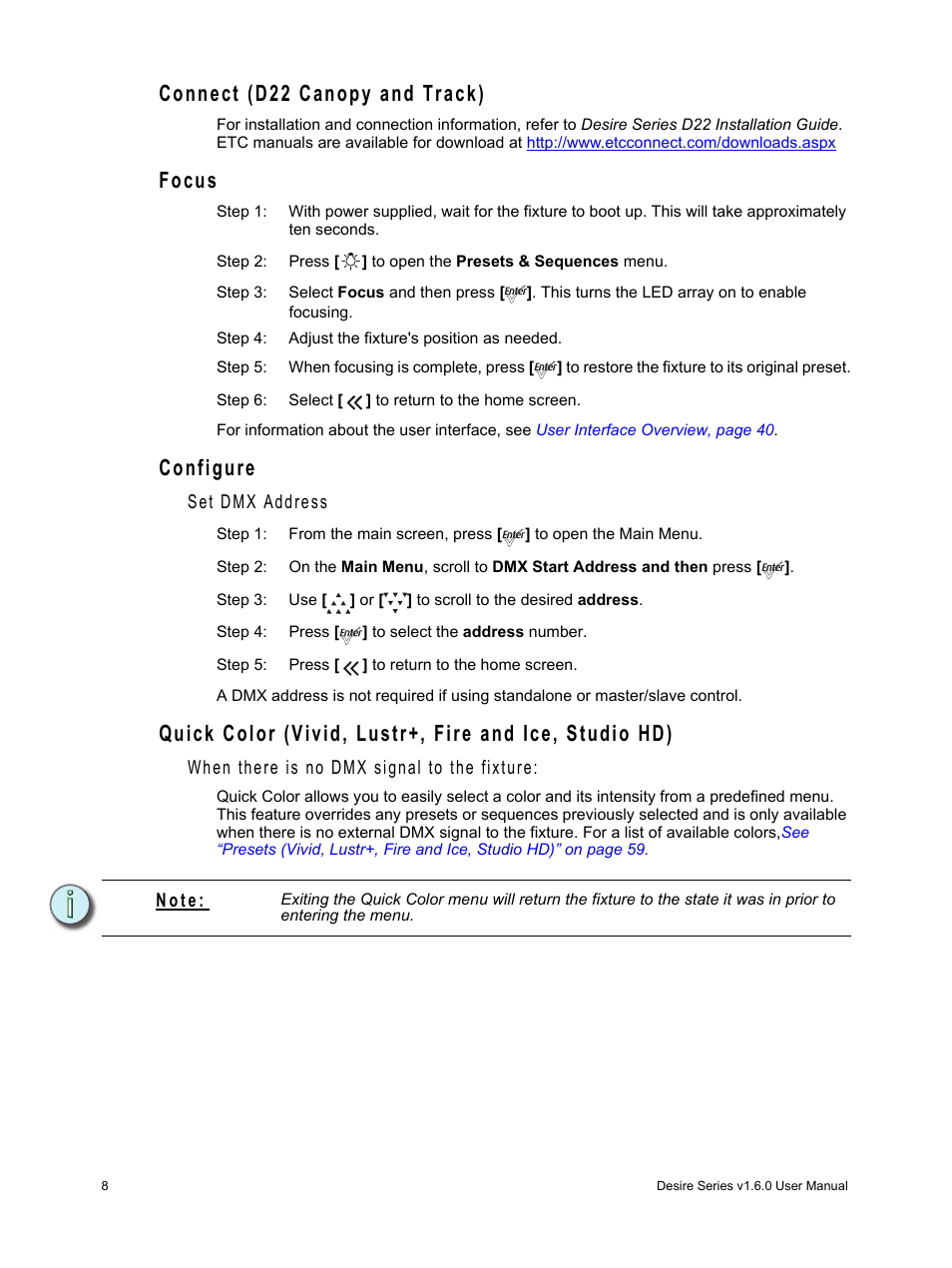 Connect (d22 canopy and track), Focus, Configure | ETC Desire Series v1.6.0 User Manual User Manual | Page 14 / 100