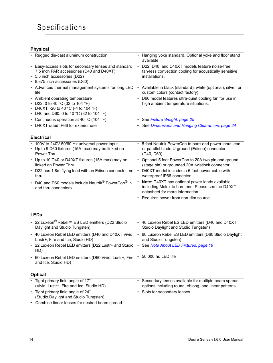 Specifications | ETC Desire Series v1.6.0 User Manual User Manual | Page 20 / 100