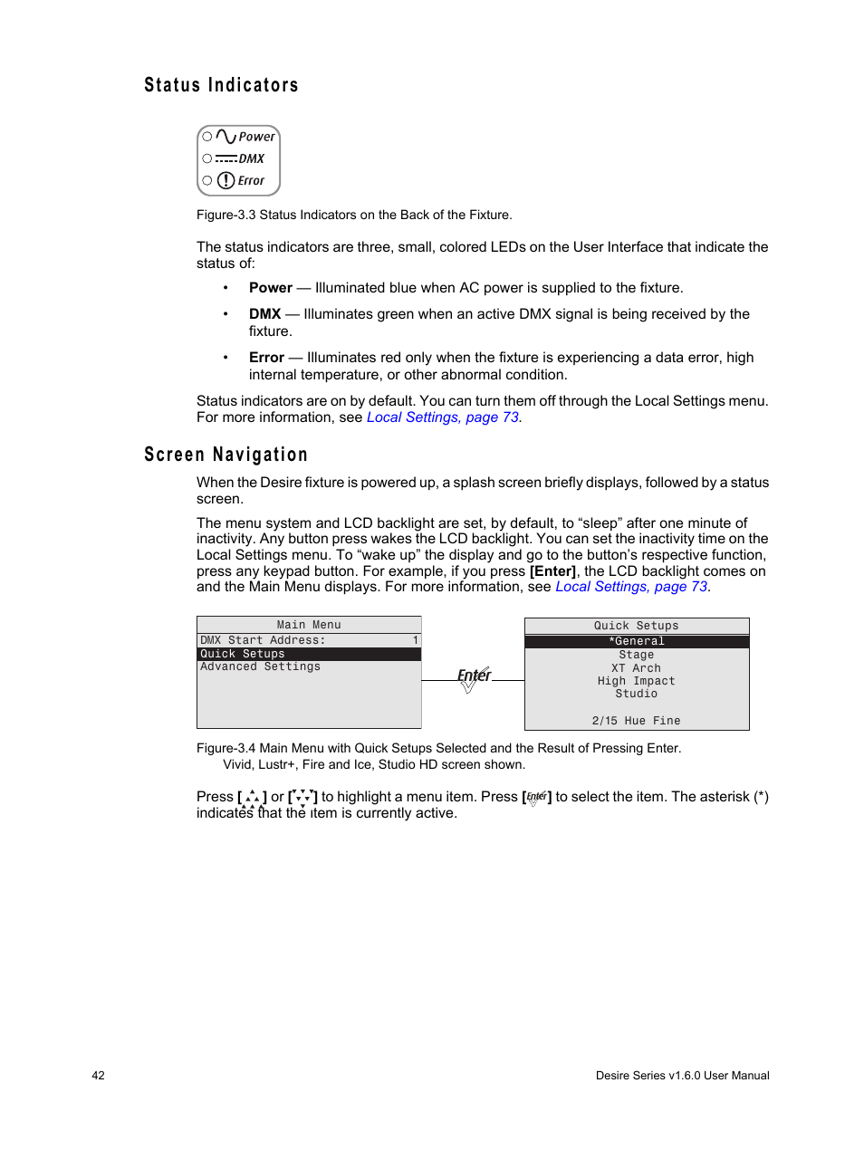 Status indicators, Screen navigation, Status indicators screen navigation | ETC Desire Series v1.6.0 User Manual User Manual | Page 48 / 100