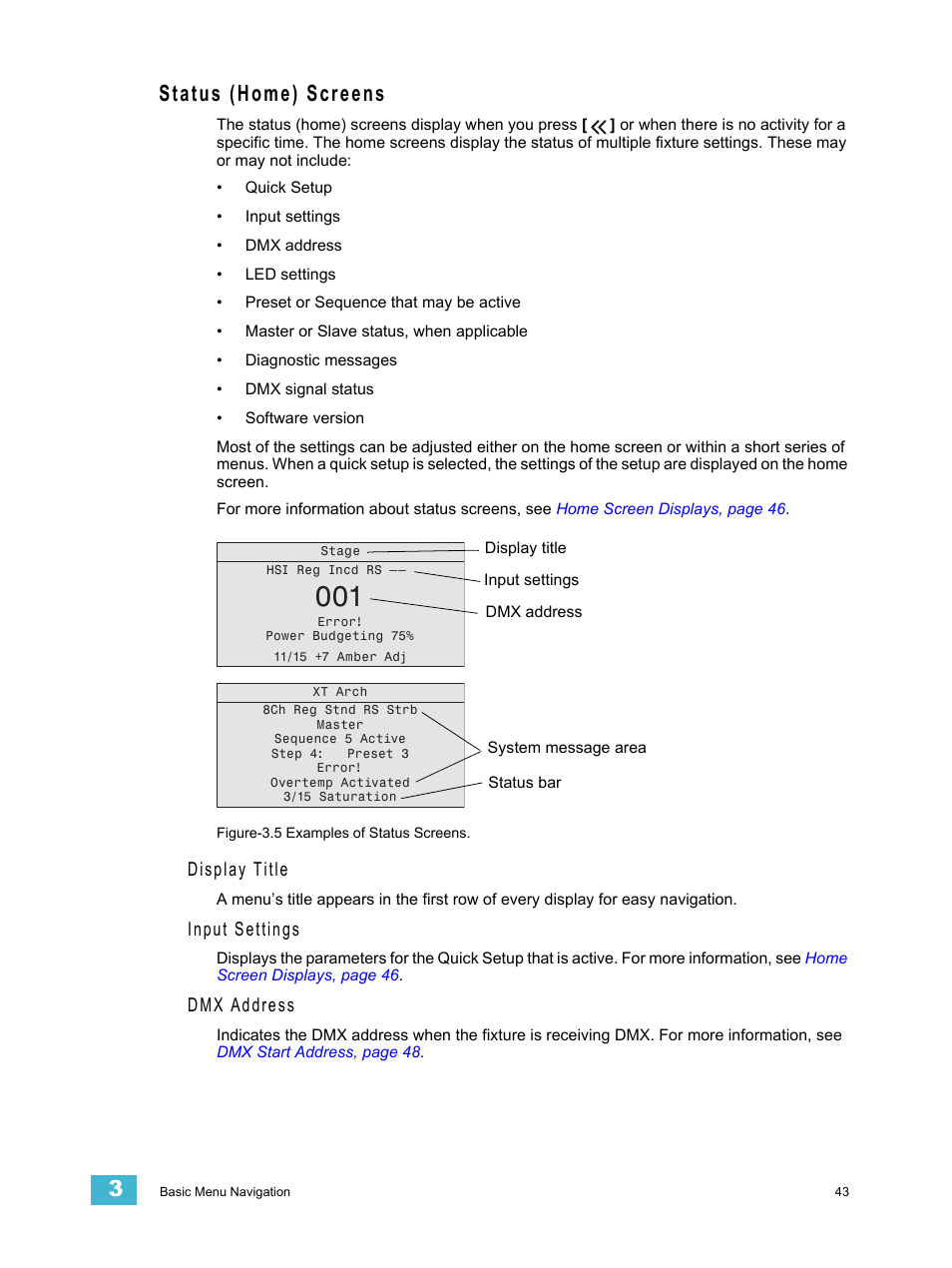 Status (home) screens, Display title, Input settings | Dmx address | ETC Desire Series v1.6.0 User Manual User Manual | Page 49 / 100