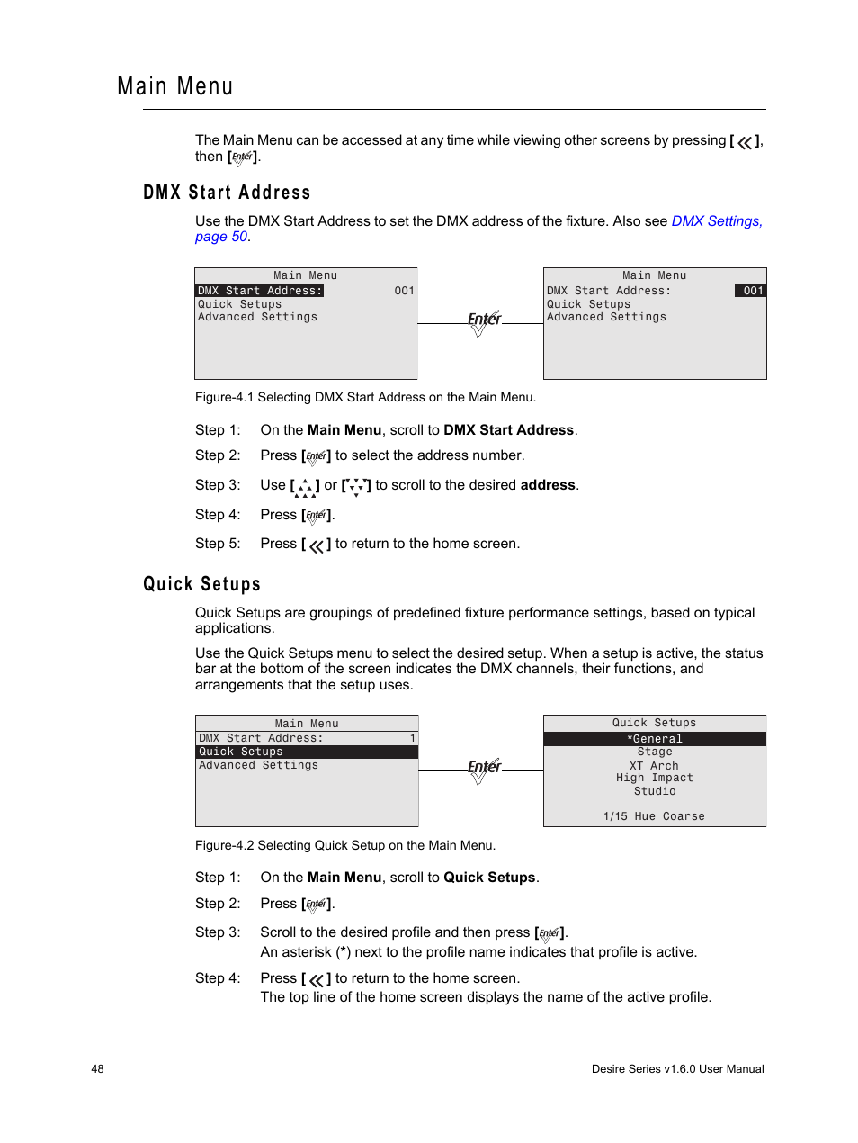 Main menu, Dmx start address, Quick setups | Dmx start address quick setups | ETC Desire Series v1.6.0 User Manual User Manual | Page 54 / 100
