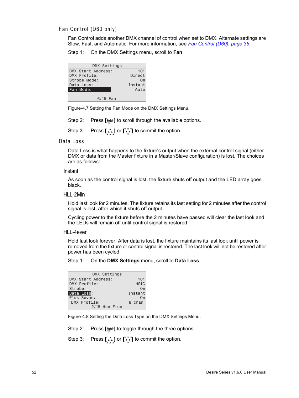 Fan control (d60 only), Data loss, Instant | Hll-2min, Hll-4ever | ETC Desire Series v1.6.0 User Manual User Manual | Page 58 / 100