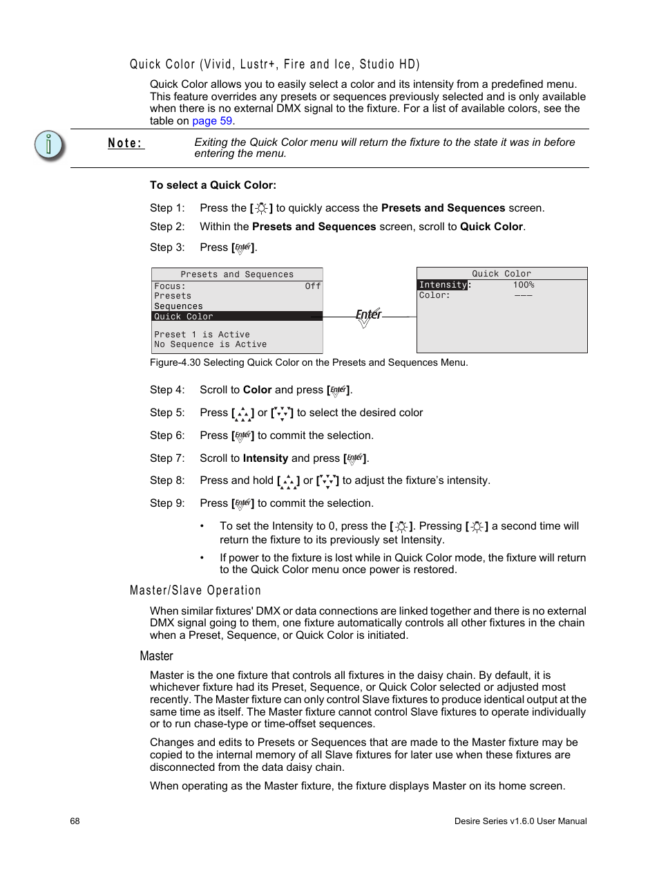 R setup, See “quick color (vivid, Master/slave operation | Master, N o t e | ETC Desire Series v1.6.0 User Manual User Manual | Page 74 / 100