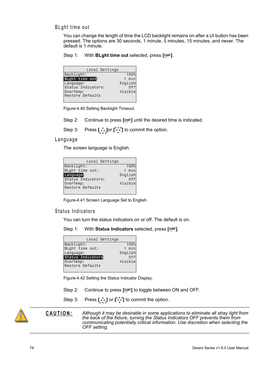 Blght time out, Language, Status indicators | ETC Desire Series v1.6.0 User Manual User Manual | Page 80 / 100