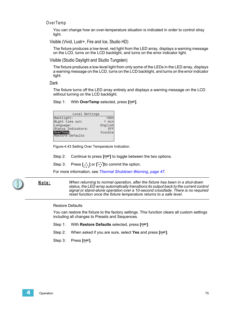 Overtemp, Visible (vivid, lustr+, fire and ice, studio hd), Visible (studio daylight and studio tungsten) | Dark, N o t e | ETC Desire Series v1.6.0 User Manual User Manual | Page 81 / 100