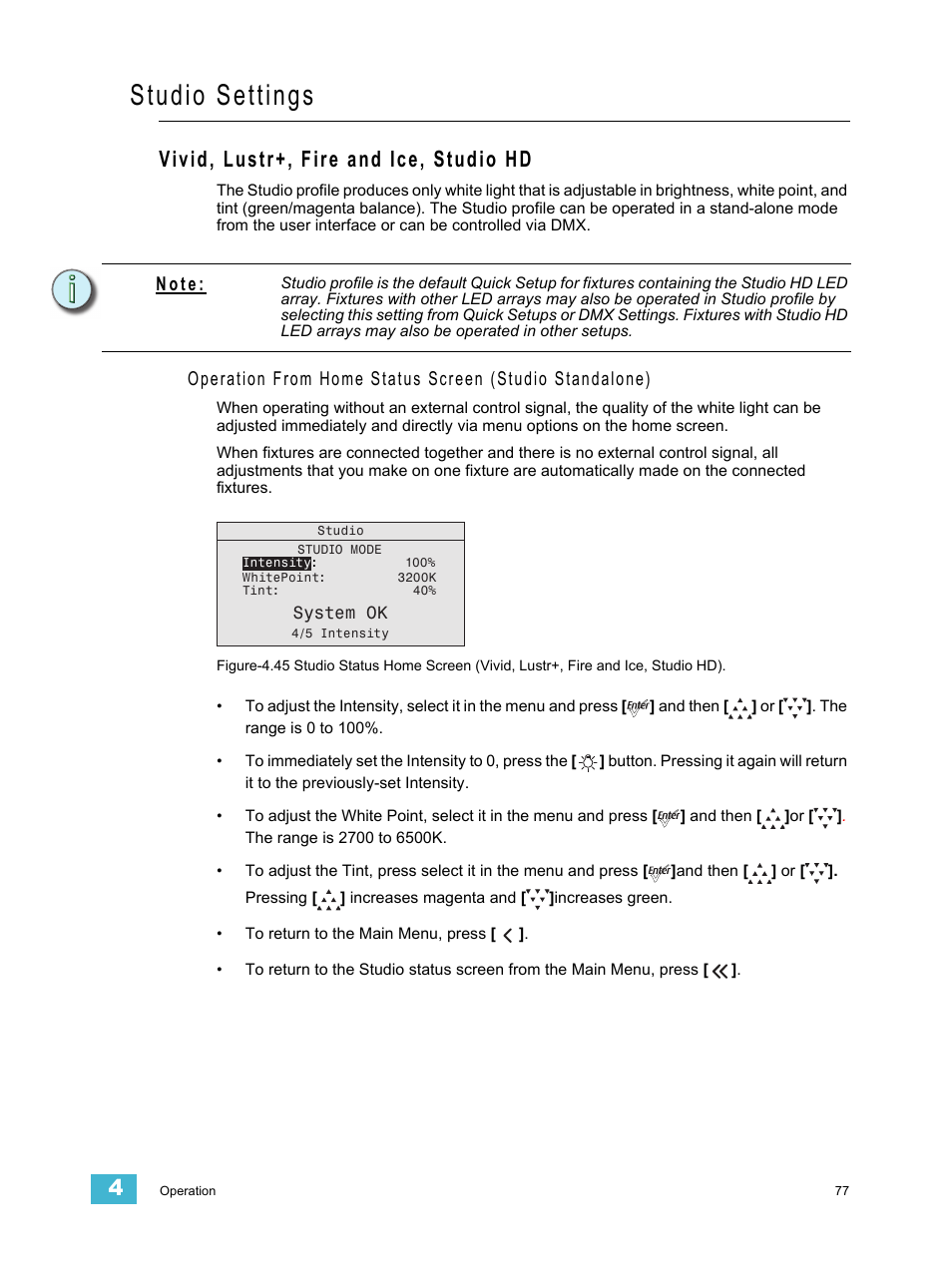 Studio settings, Vivid, lustr+, fire and ice, studio hd, Studio | Also, N o t e | ETC Desire Series v1.6.0 User Manual User Manual | Page 83 / 100