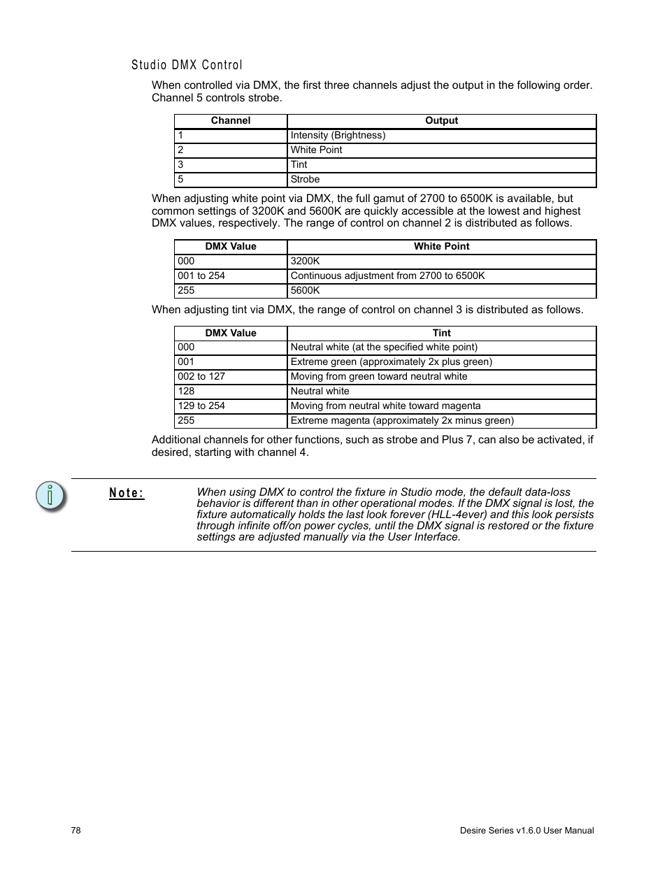 Studio dmx control, N o t e | ETC Desire Series v1.6.0 User Manual User Manual | Page 84 / 100