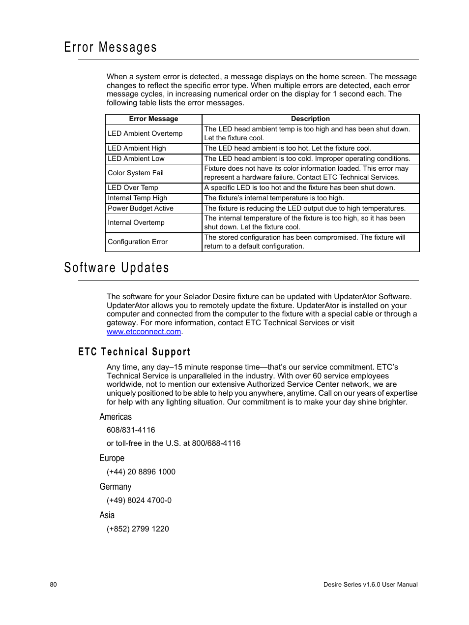 Error messages, Software updates, Etc technical support | Americas, Europe, Germany, Asia | ETC Desire Series v1.6.0 User Manual User Manual | Page 86 / 100