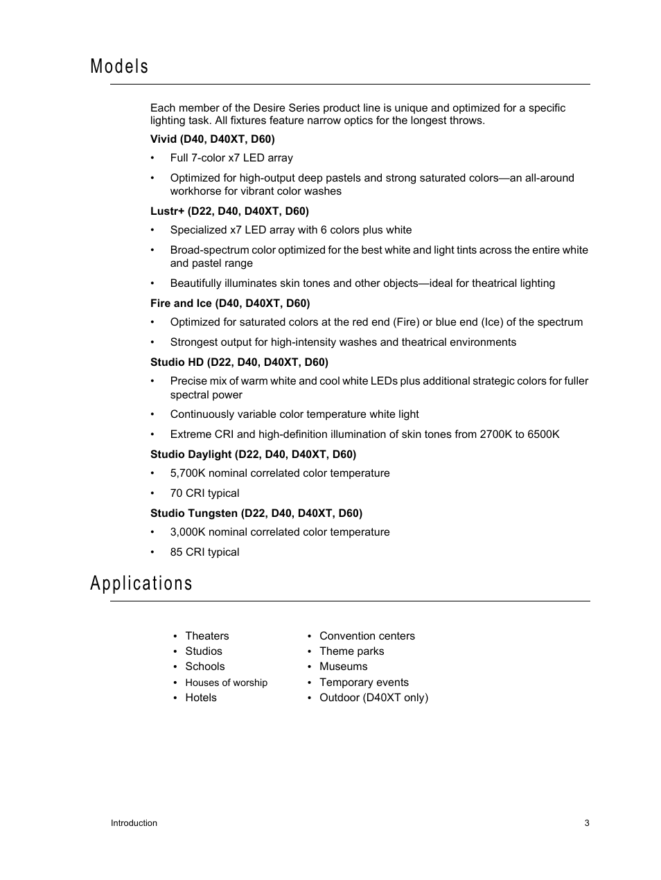 Models, Applications | ETC Desire Series v1.6.0 User Manual User Manual | Page 9 / 100