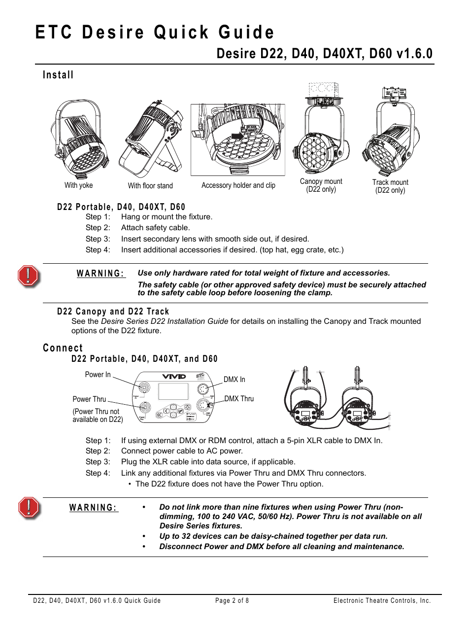 Install, D22 portable, d40, d40xt, d60, D22 canopy and d22 track | Connect | ETC Desire Series v1.6.0 Quick Guide (D22, D40, D40XT, D60) User Manual | Page 2 / 8