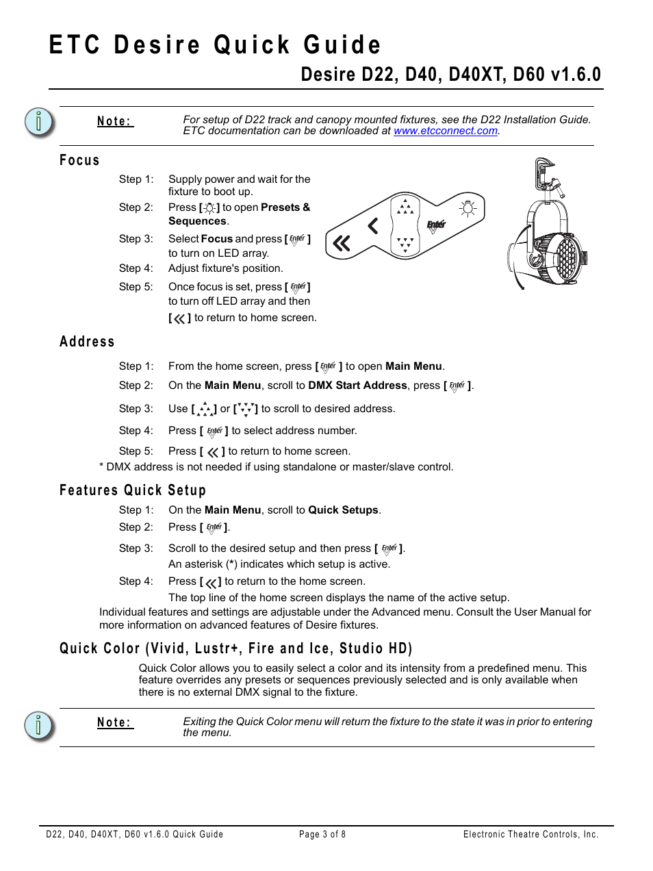 Focus, Address, Features quick setup | ETC Desire Series v1.6.0 Quick Guide (D22, D40, D40XT, D60) User Manual | Page 3 / 8