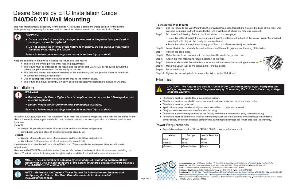 ETC Desire Series XTI Wall Mount User Manual | 2 pages