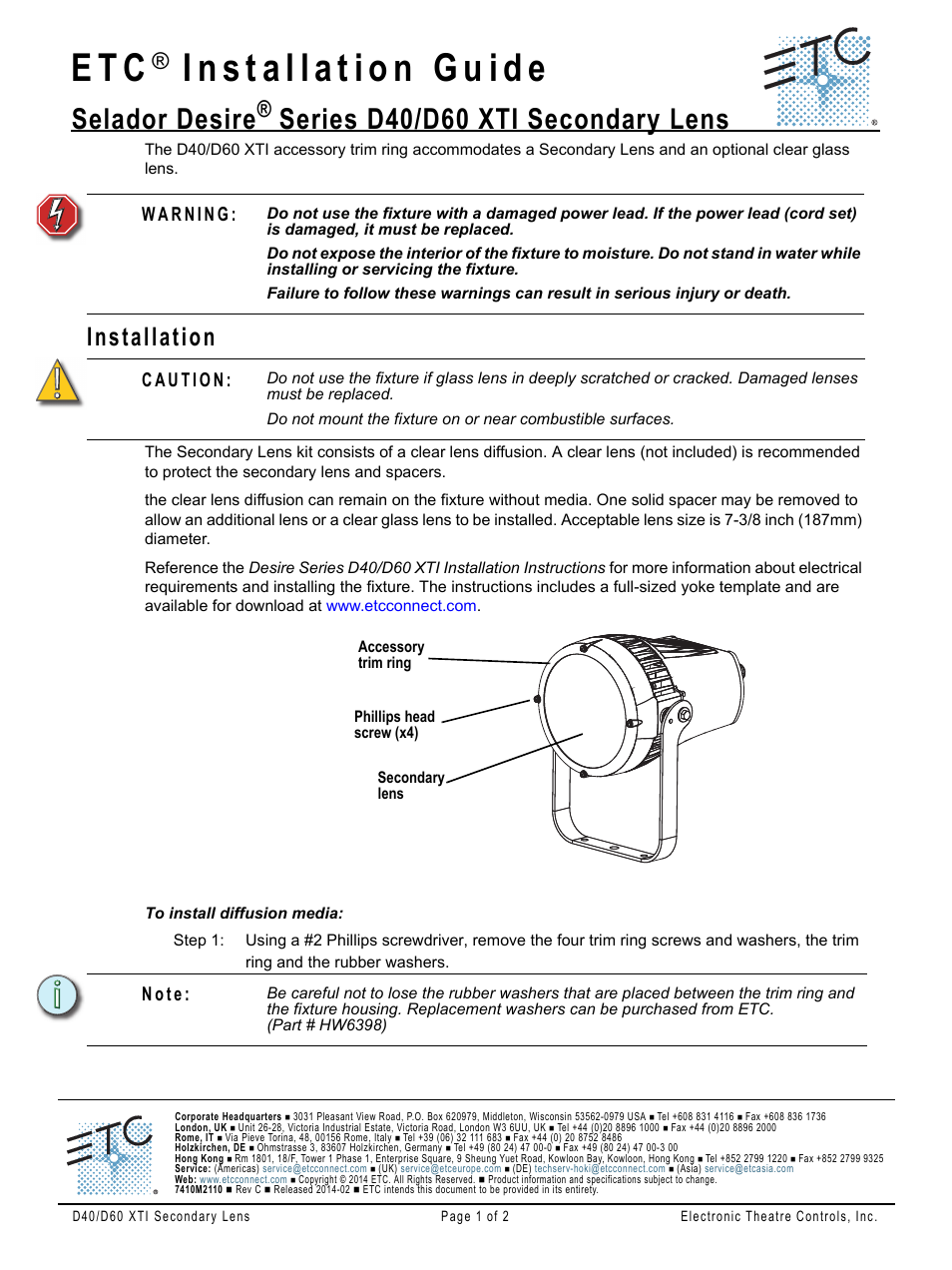 ETC Desire Series XTI Secondary Lens User Manual | 2 pages