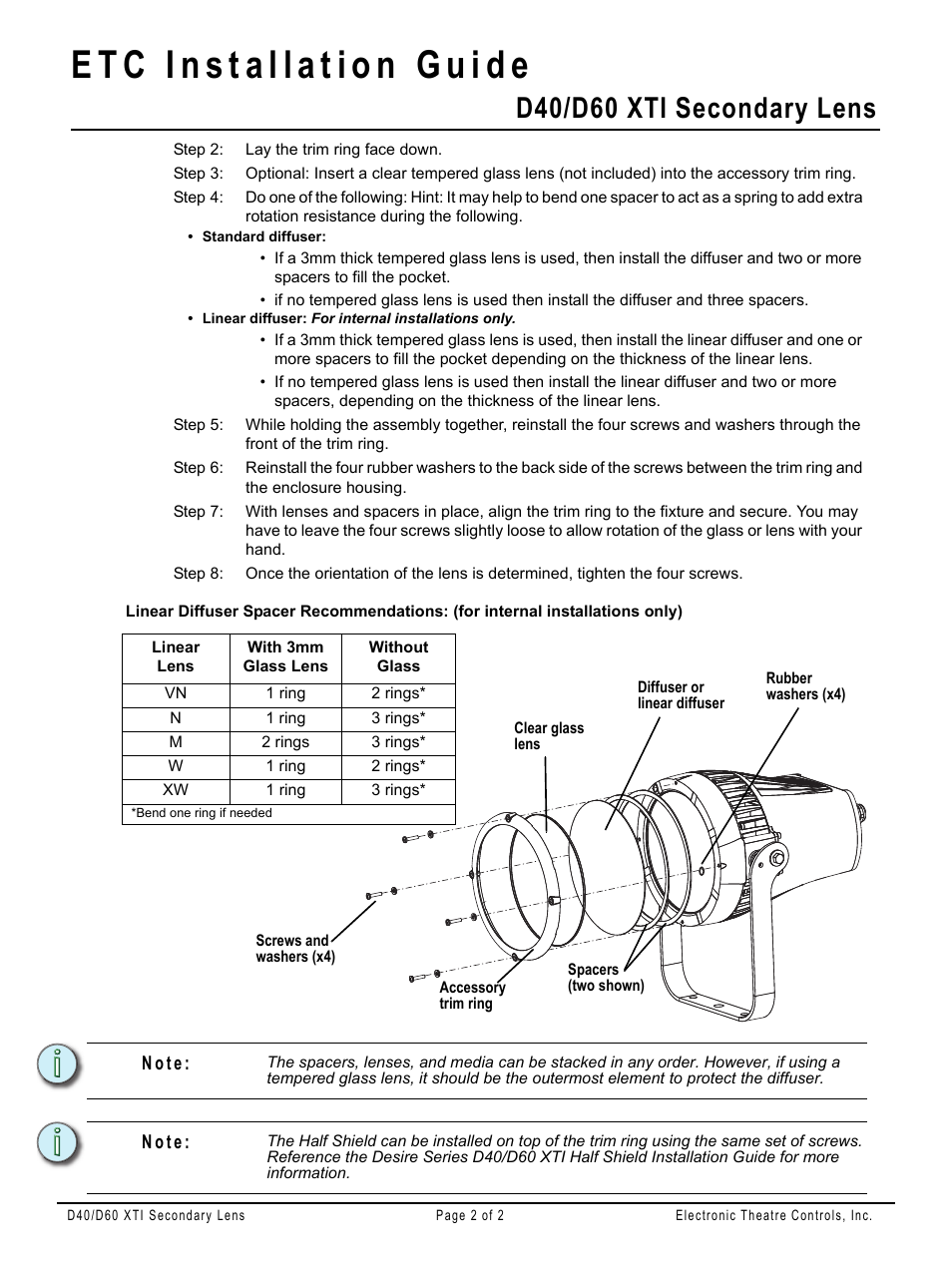 D40/d60 xti secondary lens, N o t e | ETC Desire Series XTI Secondary Lens User Manual | Page 2 / 2