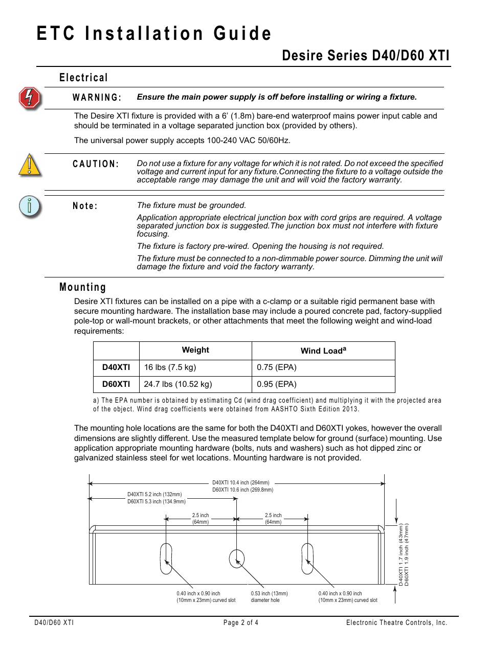 Electrical, Mounting, Desire series d40/d60 xti | N o t e | ETC Desire Series XTI User Manual | Page 2 / 4