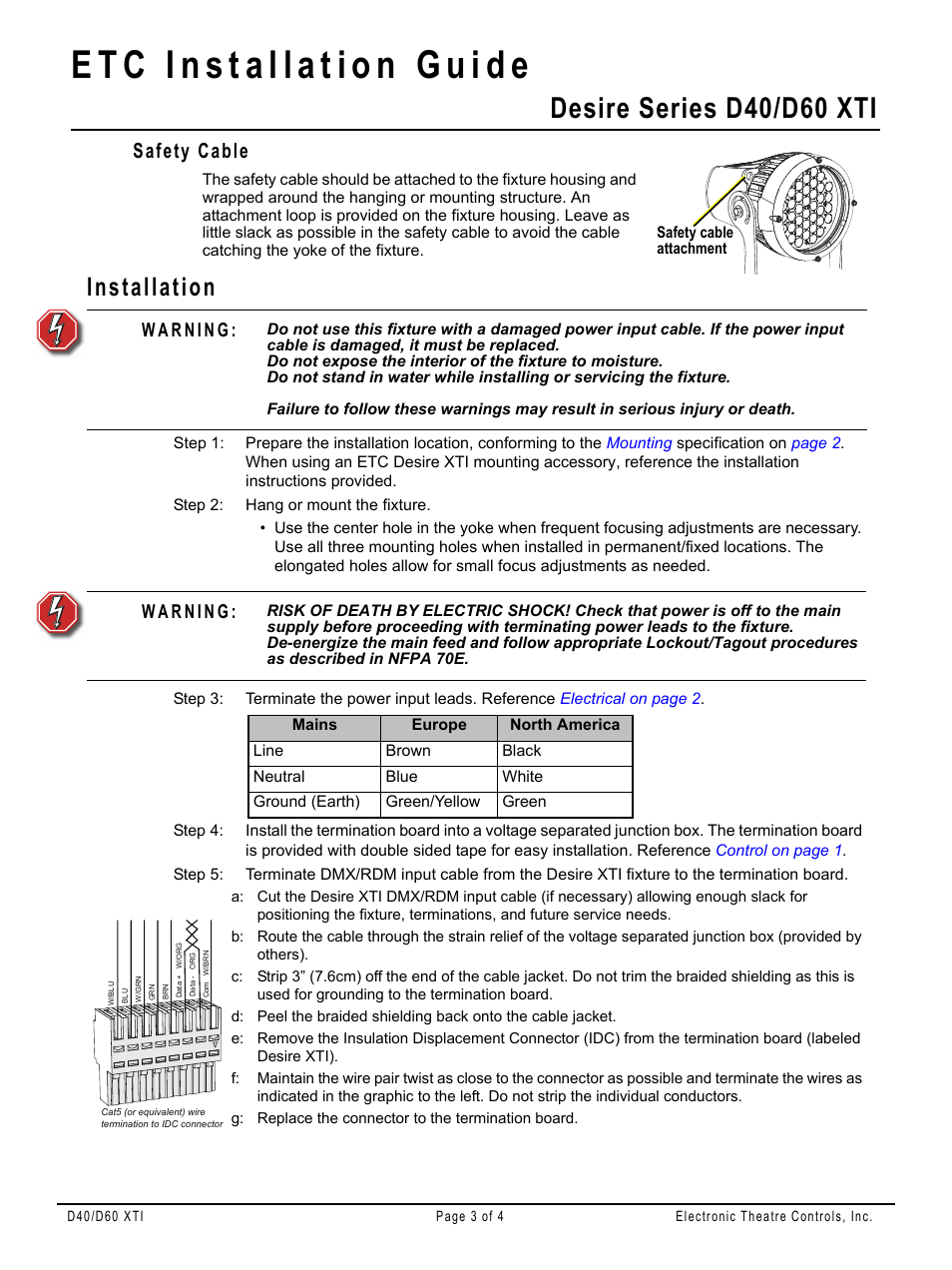 Safety cable, Installation, Desire series d40/d60 xti | ETC Desire Series XTI User Manual | Page 3 / 4