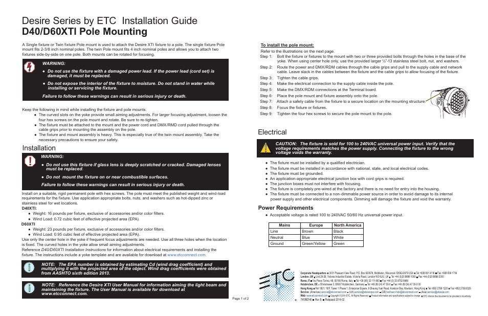 ETC Desire Series XTI Pole Mount User Manual | 2 pages