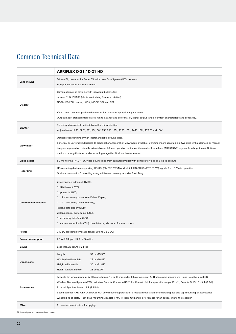 Common technical data, Arriflex d-21 / d-21 hd | ARRI ARRIFLEX D-21 User Manual | Page 22 / 24