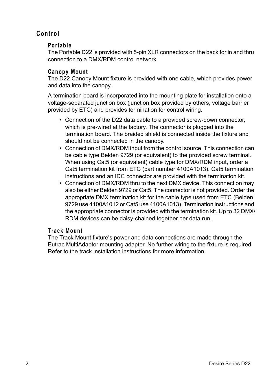 Control, Portable, Canopy mount | Track mount | ETC Desire D22 User Manual | Page 2 / 8