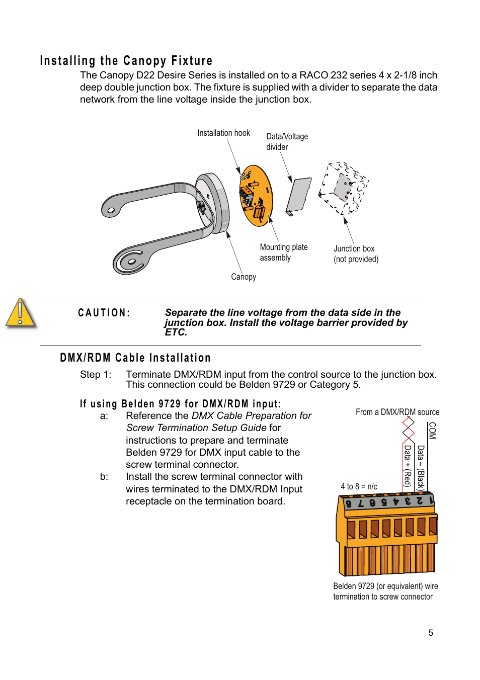 Installing the canopy fixture, Dmx/rdm cable installation, If using belden 9729 for dmx/rdm input | ETC Desire D22 User Manual | Page 5 / 8